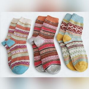 Socks Boho Fair Isle Cozy Artisy Nordic Granny Wool Cotton Knit Set 3 New